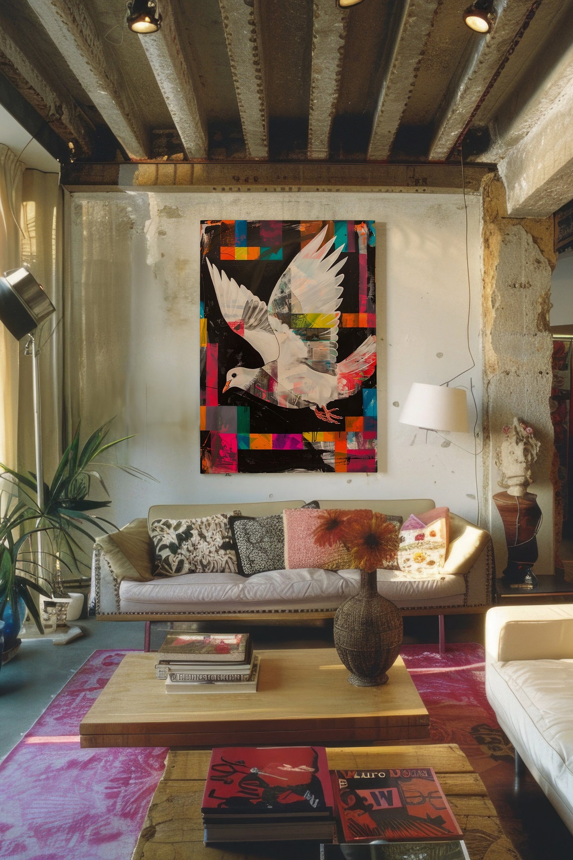 White Dove in Flight Modern Mosaic Color Block Geometric Bird Poster - Image 2