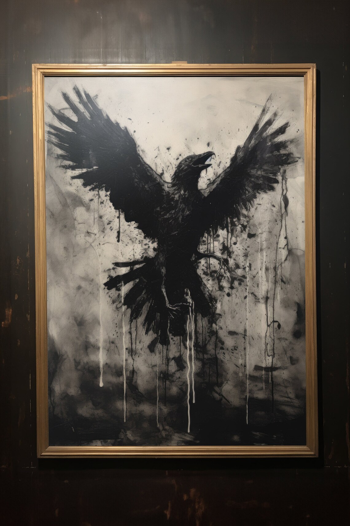 Black Crow Wings Spread Ink Splatter Moody Grungy Monochrome Art Poster - Image 3