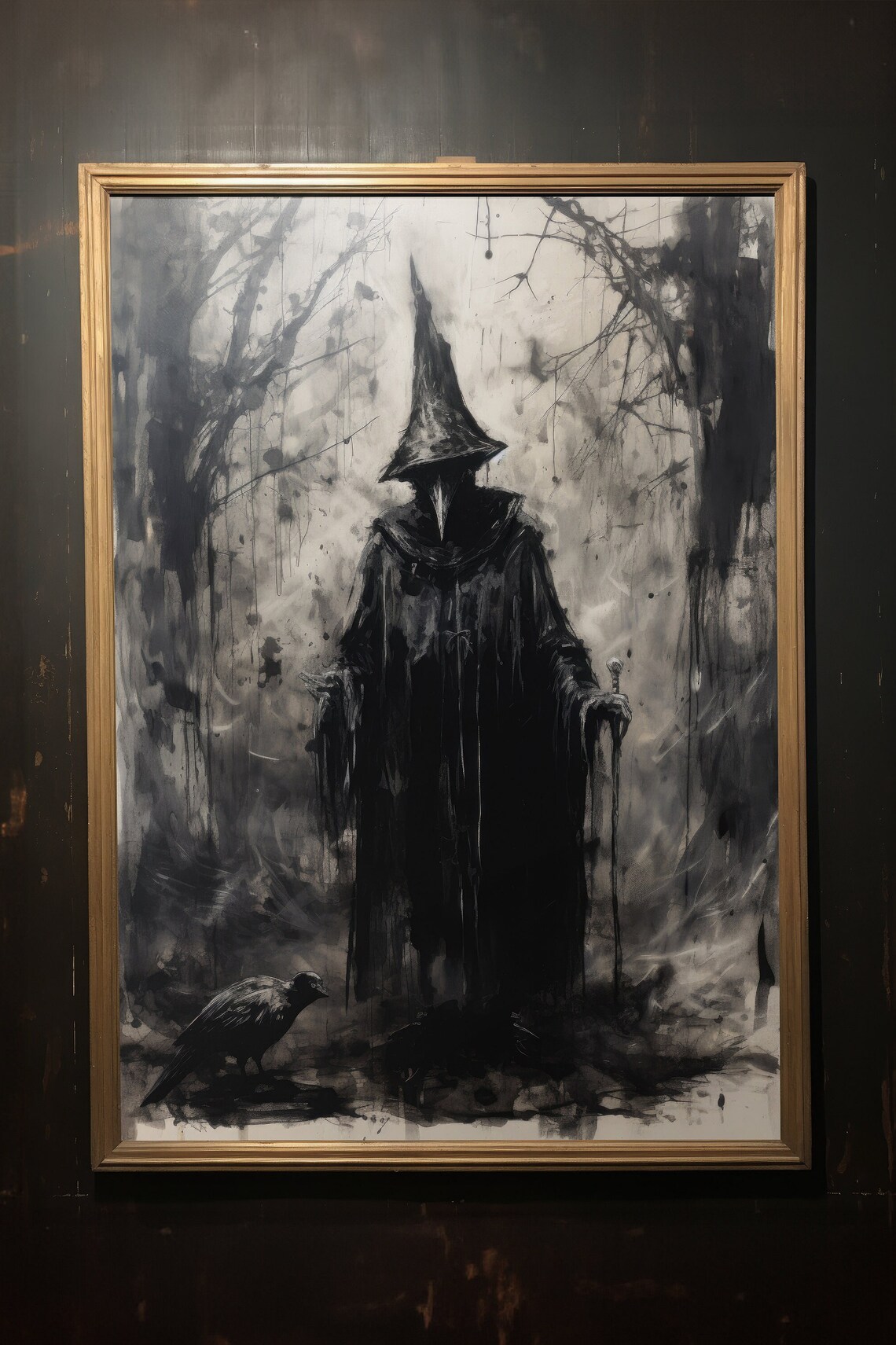 Haunted Dark Witch With Staff and Raven Ink Gothic Night Wall Art - Image 3