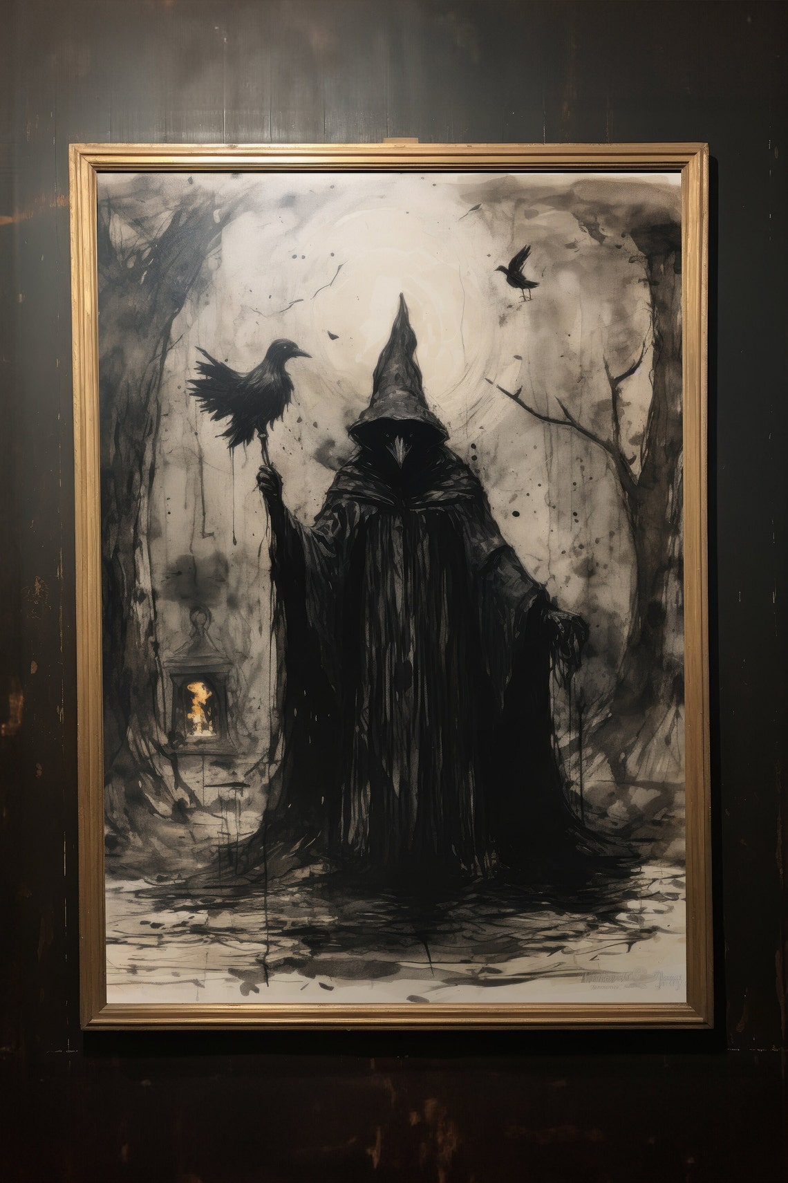 Dark Witch Holding Raven Ink Sketch Mystical Gothic Wall Art - Image 3