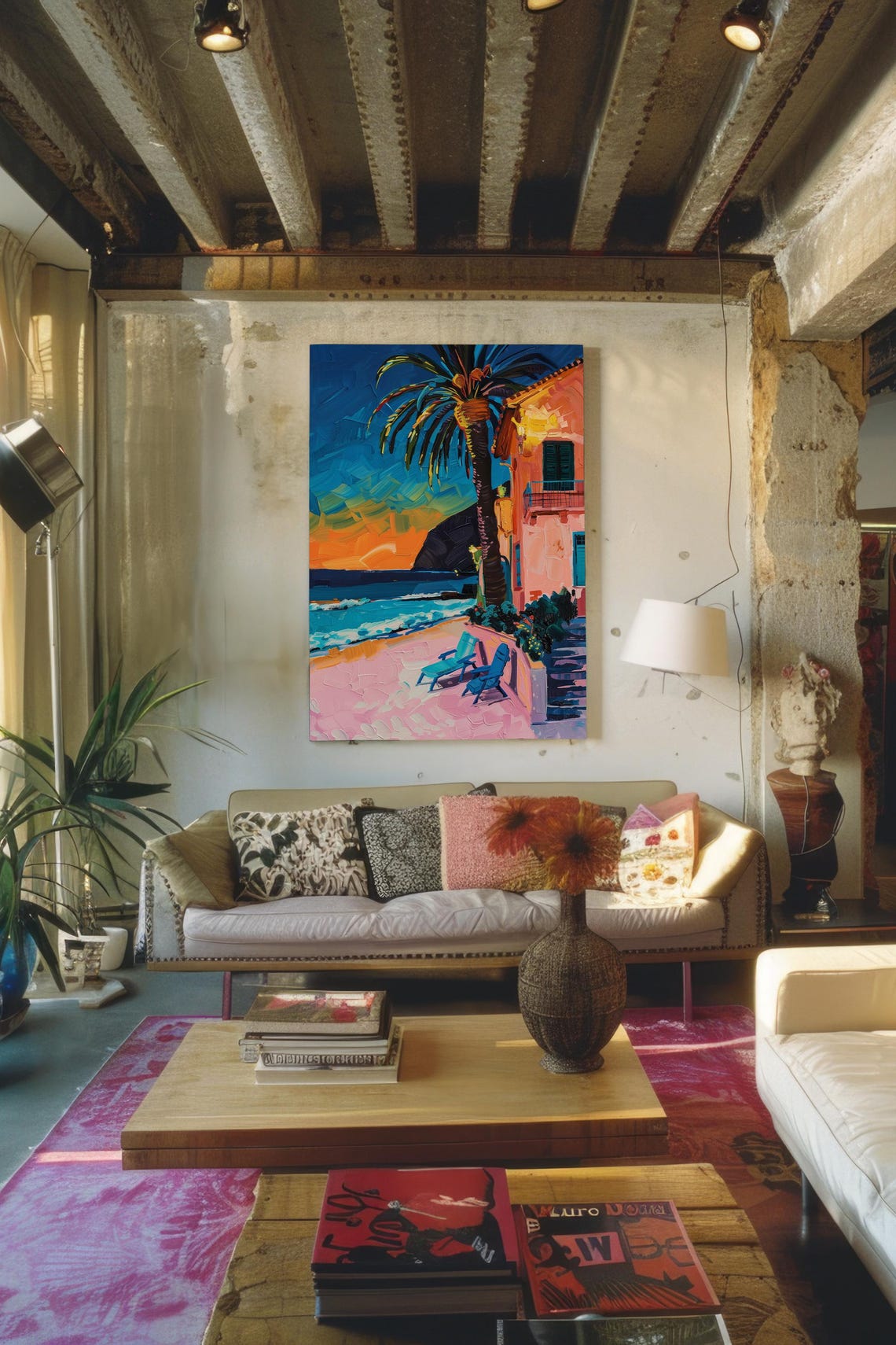 Tropical Sunset Palm Beach Seaside Gouache Painting Terrace Poster - Image 2