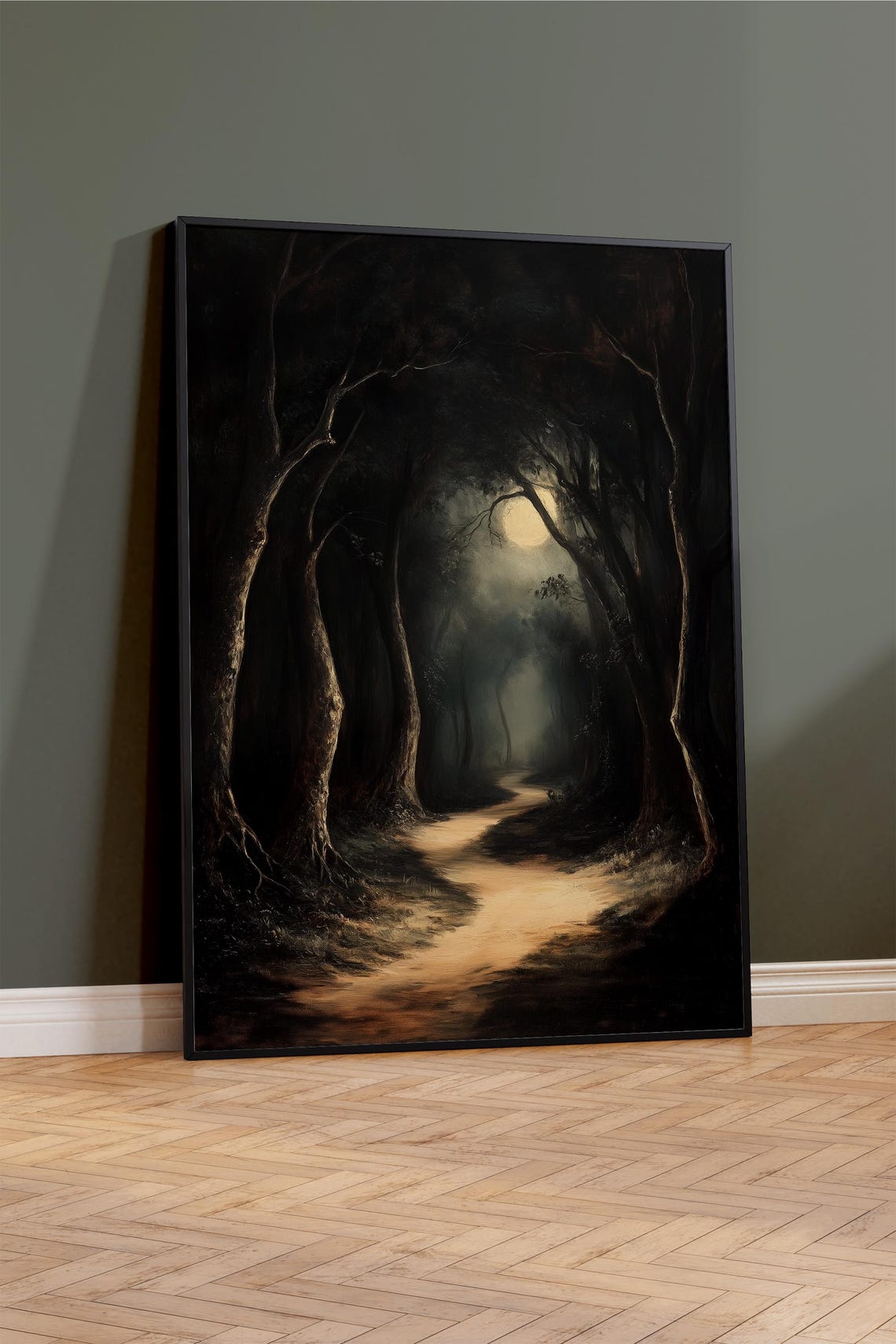 Moonlit Haunted Forest Trail Dark Gothic Woods Painting Poster - Image 4