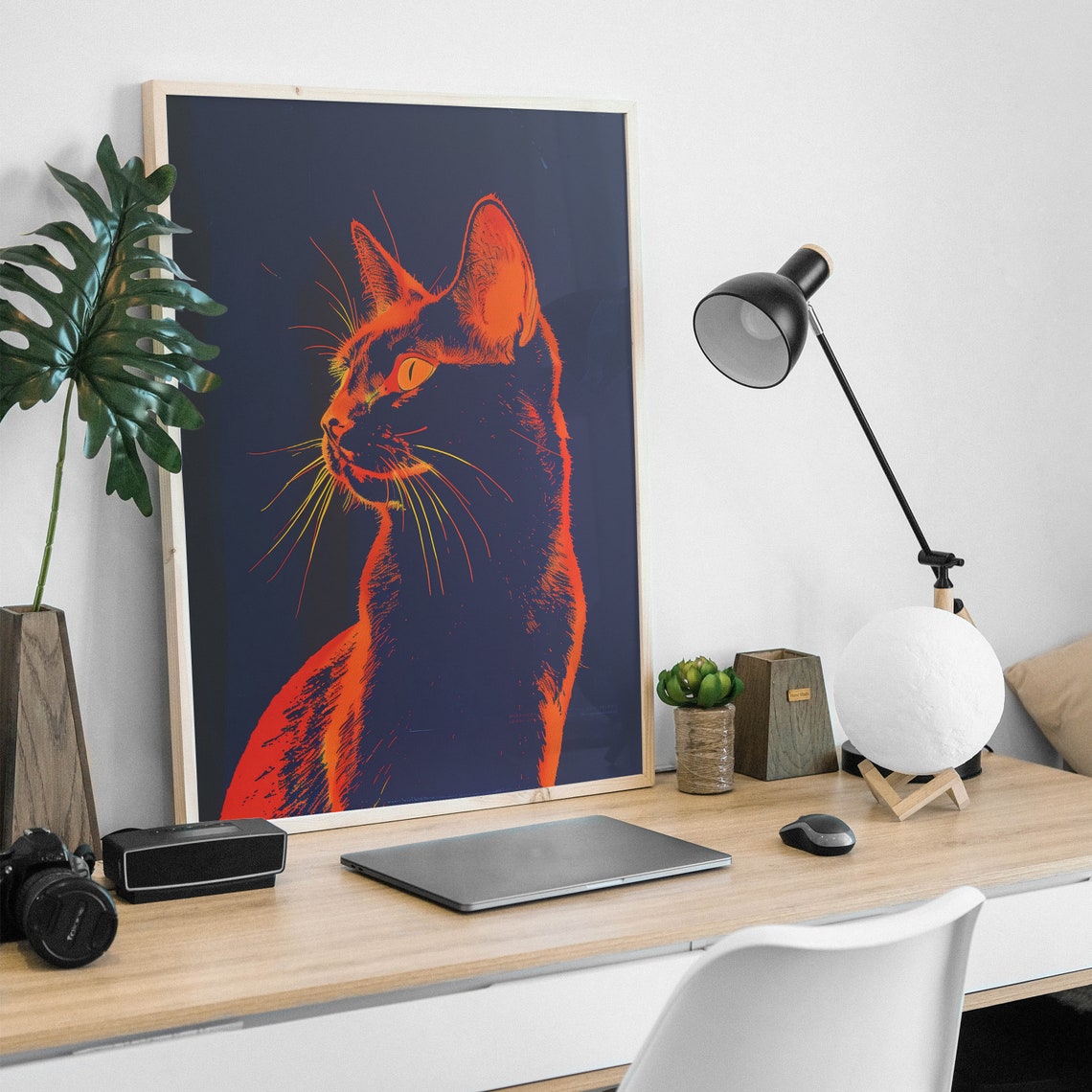 Neon Orange Cat Silhouette Dark Navy Pop Art Minimalist Poster - Image 3