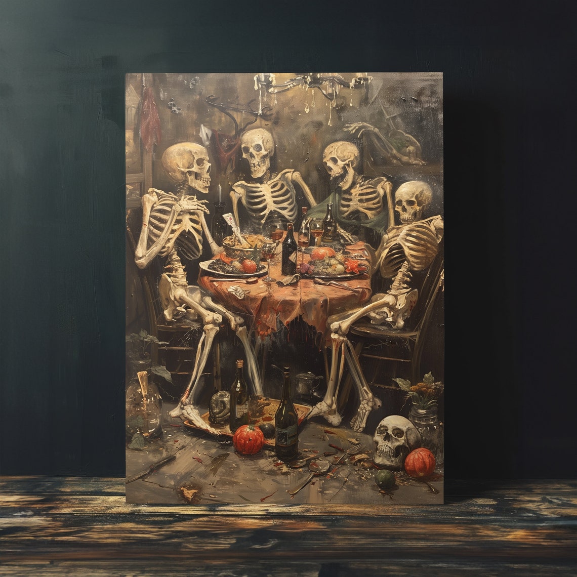 Skeleton Dinner Party Candlelit Table Dark Surreal Oil Poster - Image 4