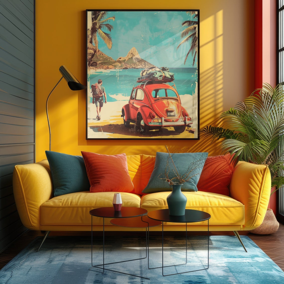 Retro Red VW Beetle Tropical Beach Road Trip Travel Vintage Poster - Image 3