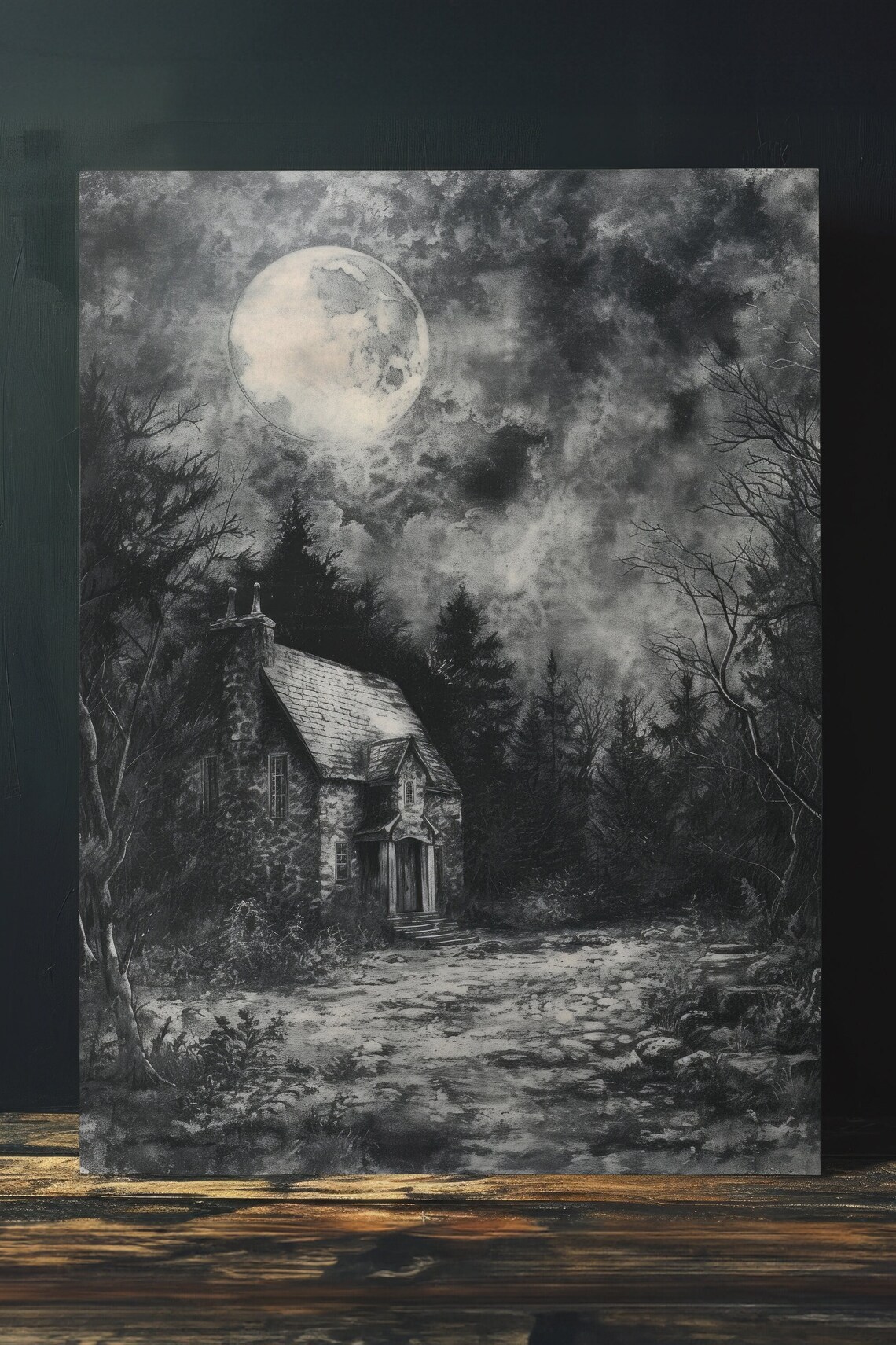 Moonlit Cottage Forest Night Grungy Black White Sketch Dark Moody Art Poster - Image 4