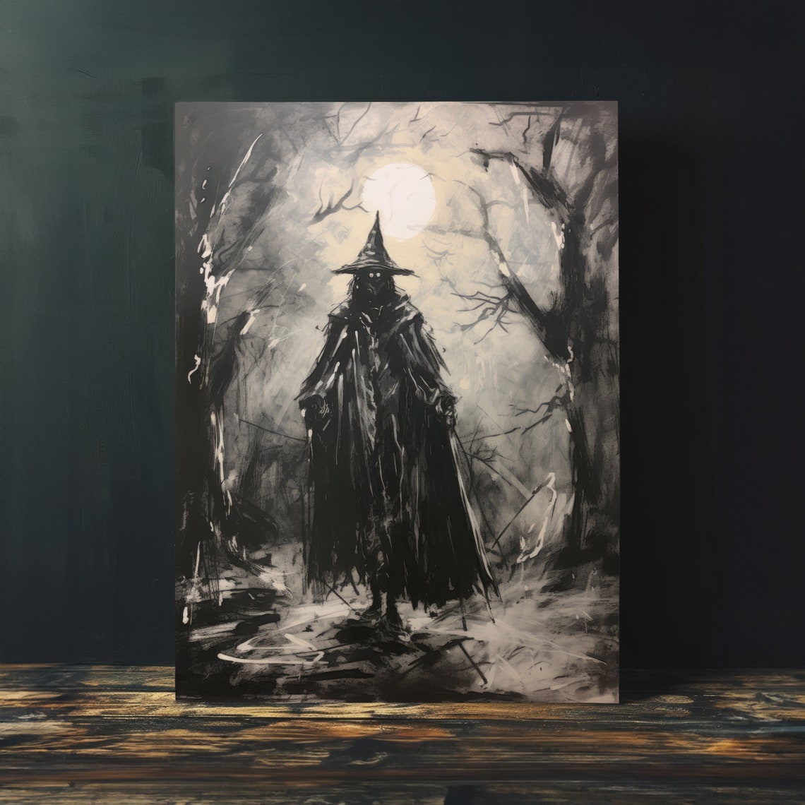 Dark Wanderer Under Full Moon Twisted Night Trees Gothic Wall Art - Image 4