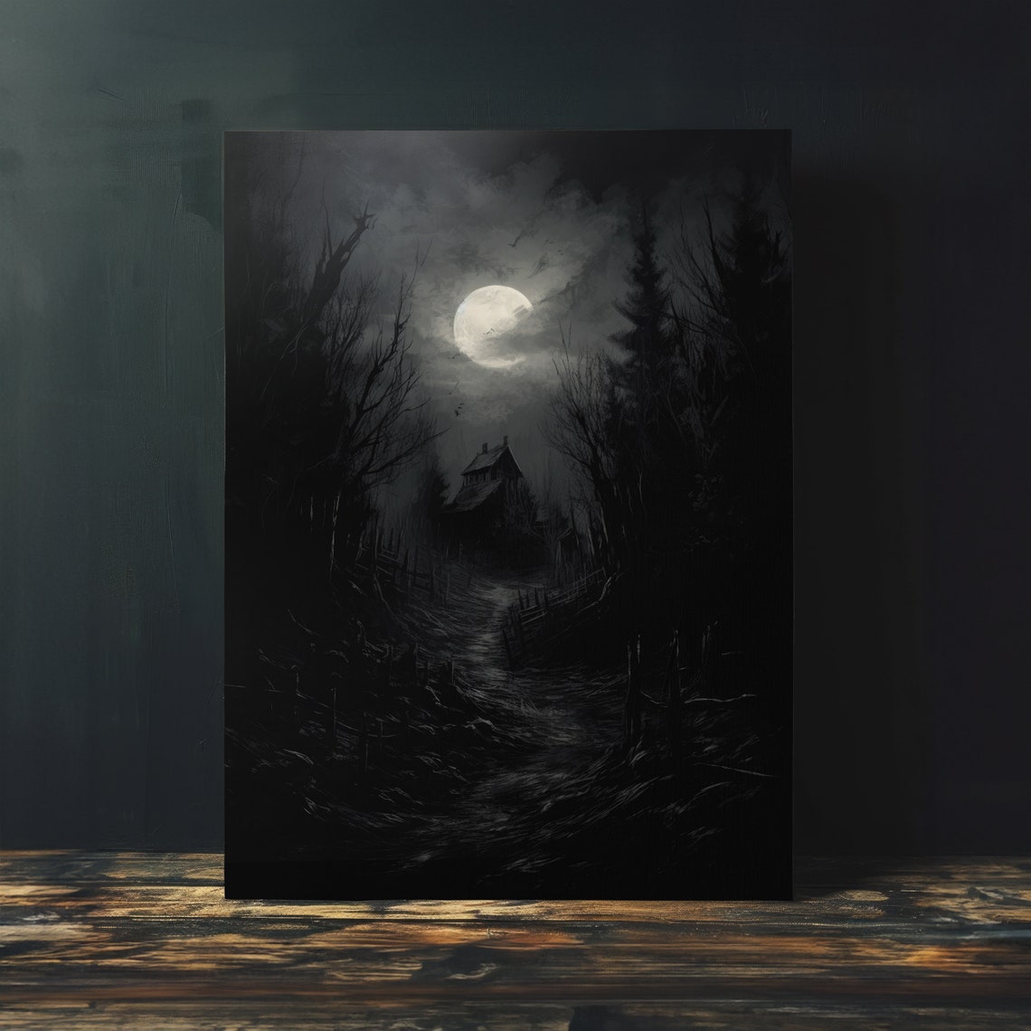 Moonlit Forest Path to Lonely House Dark Night Landscape Wall Art - Image 4