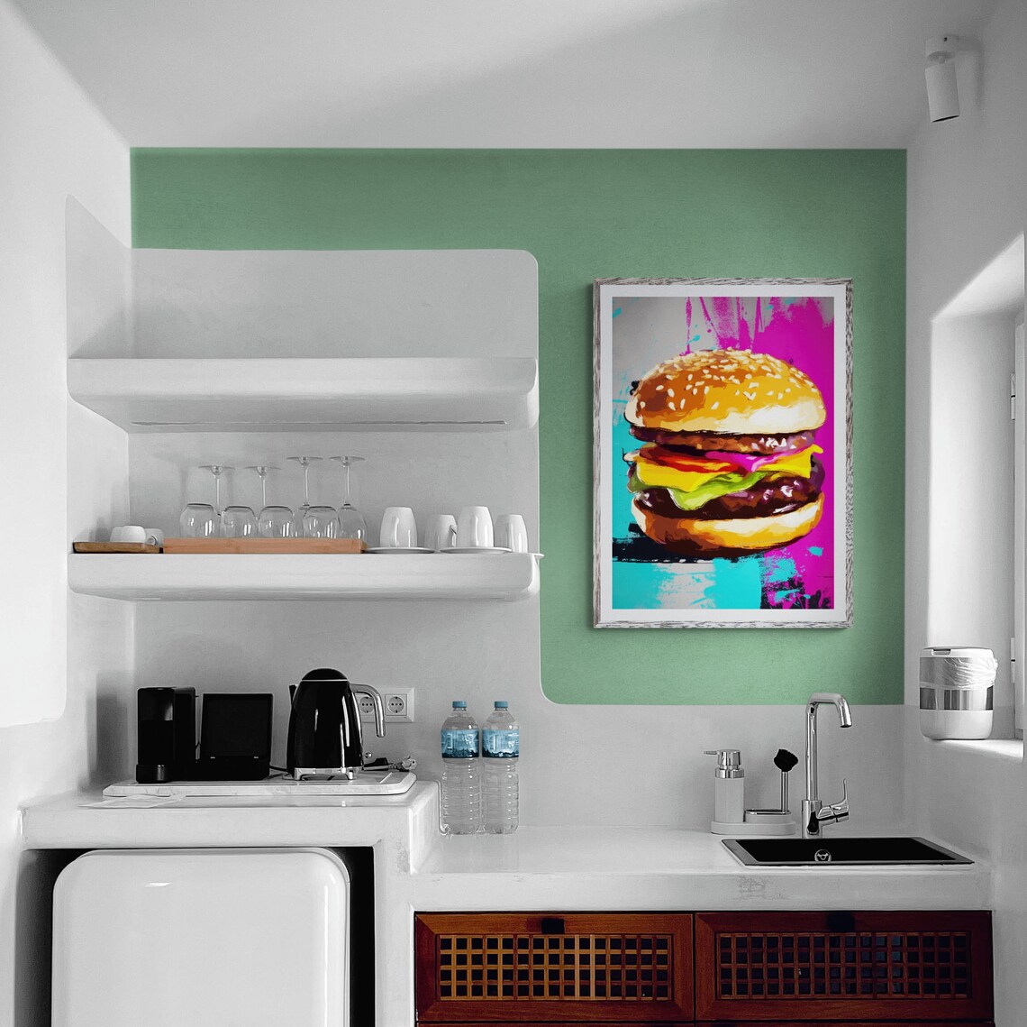 Cheeseburger Pop Art Teal Magenta Neon Style Kitchen Wall Art - Image 2