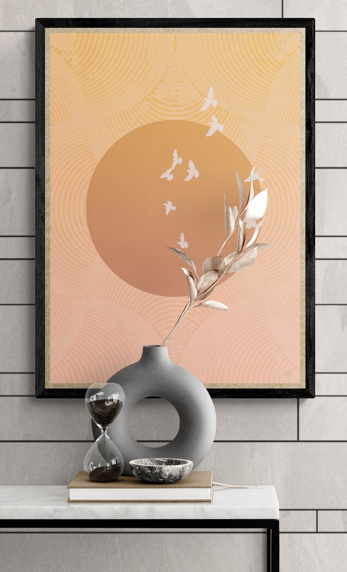 Japandi Rising Sun Birds Minimalist Peach Zen Style Art Poster - Image 2