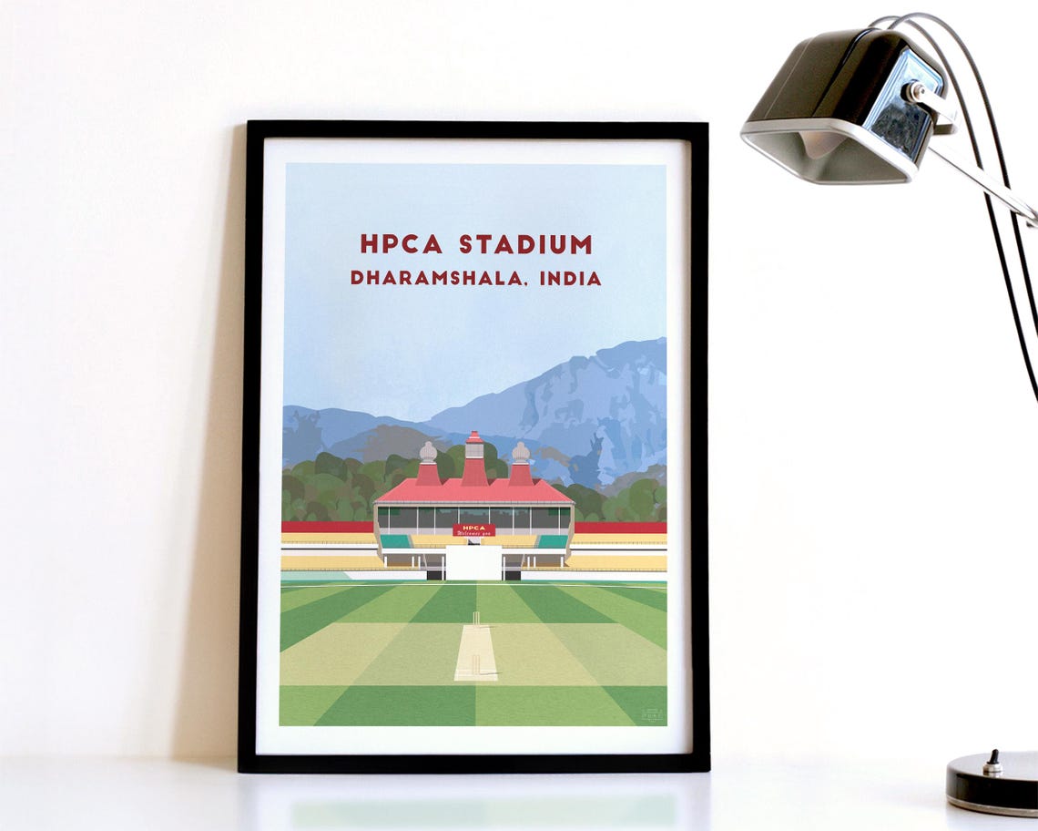 HPCA Stadium Dharamshala India Cricket Ground Vintage Travel Poster