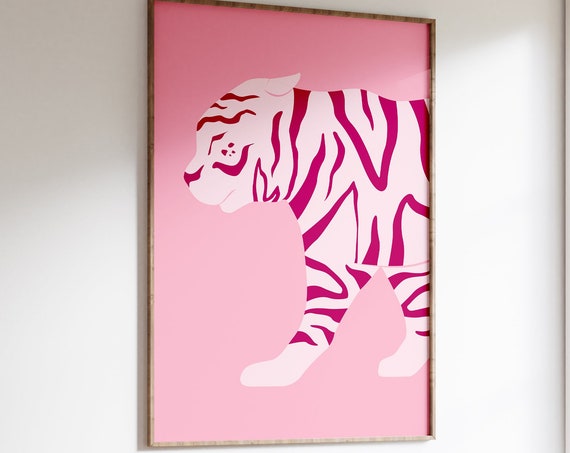 Pink Tiger Wall Art Print Abstract Minimalist Jungle Tropical Bold Colourful Retro Style