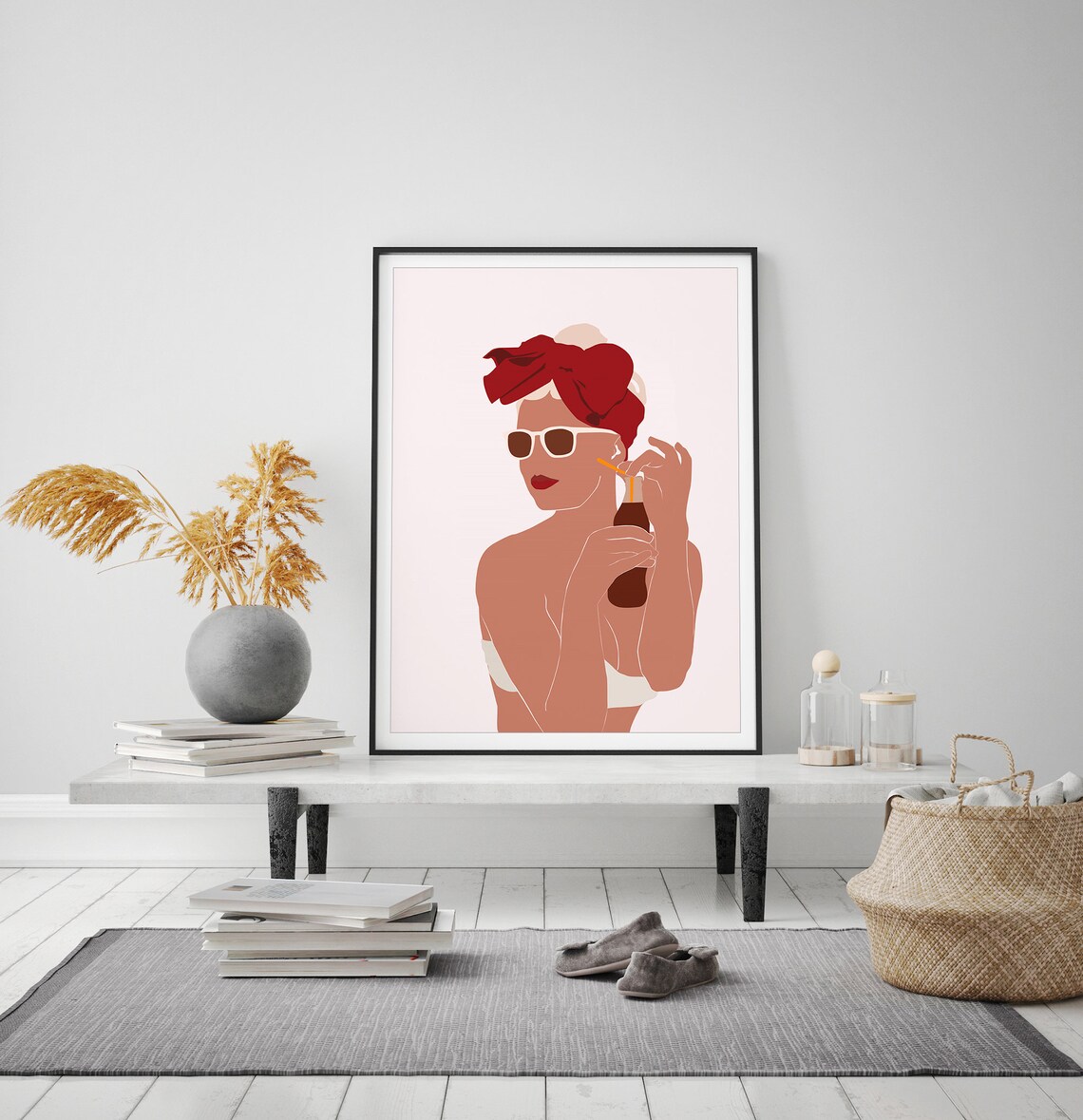 Boho Woman Red Headscarf Sunglasses Fashion Illustration Poster