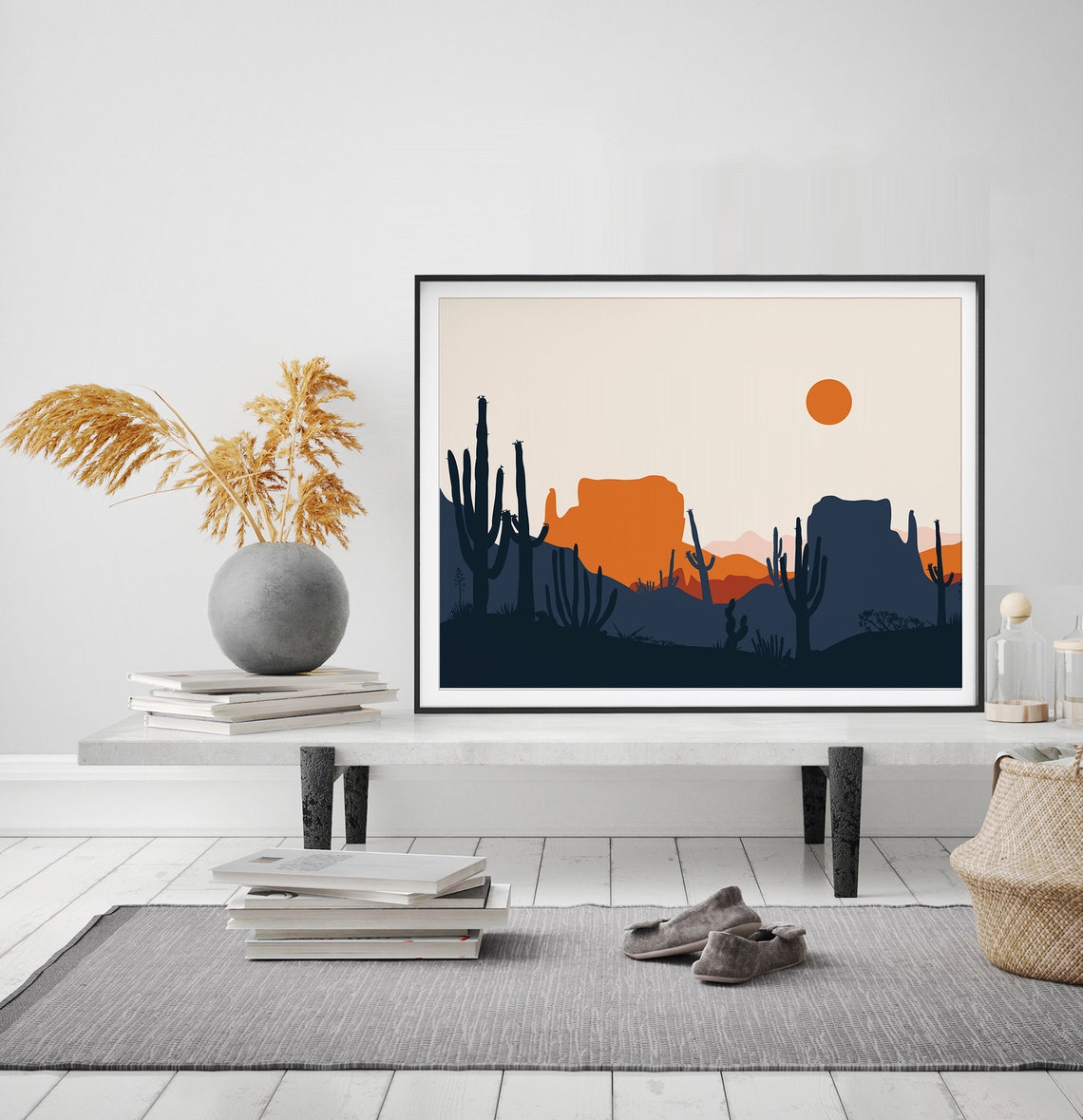 Southwestern Desert Cactus Sunset Minimalist Navy Blue Poster
