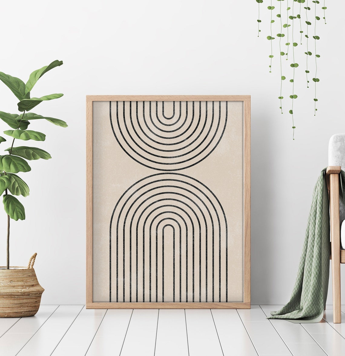Black Double Rainbow Mid Century Modern Geometric Line Art Poster