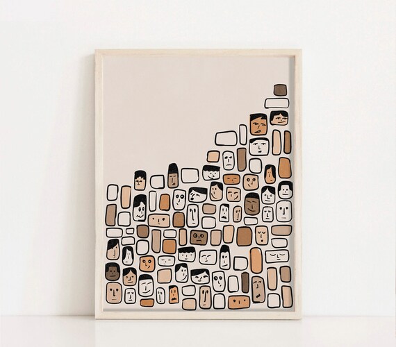 Whimsical Doodle Faces Grid Boho Abstract Art Deco Style Poster
