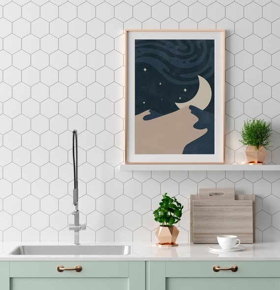Moon Art Print Abstract Desert Art Poster Desert Print Illustration Minimalist Boho Sun Art Night Desert Wall Art