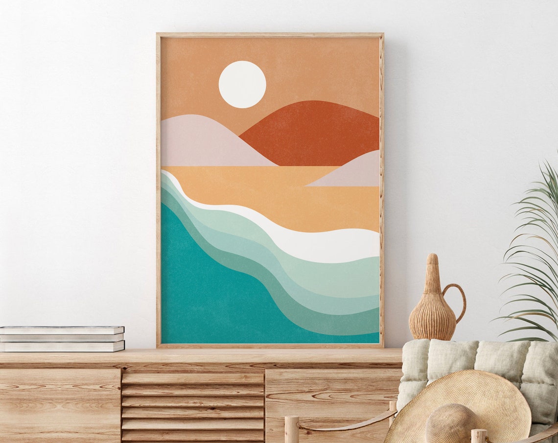 Terracotta Mountains Teal Waves Mid Century Coastal Art Poster