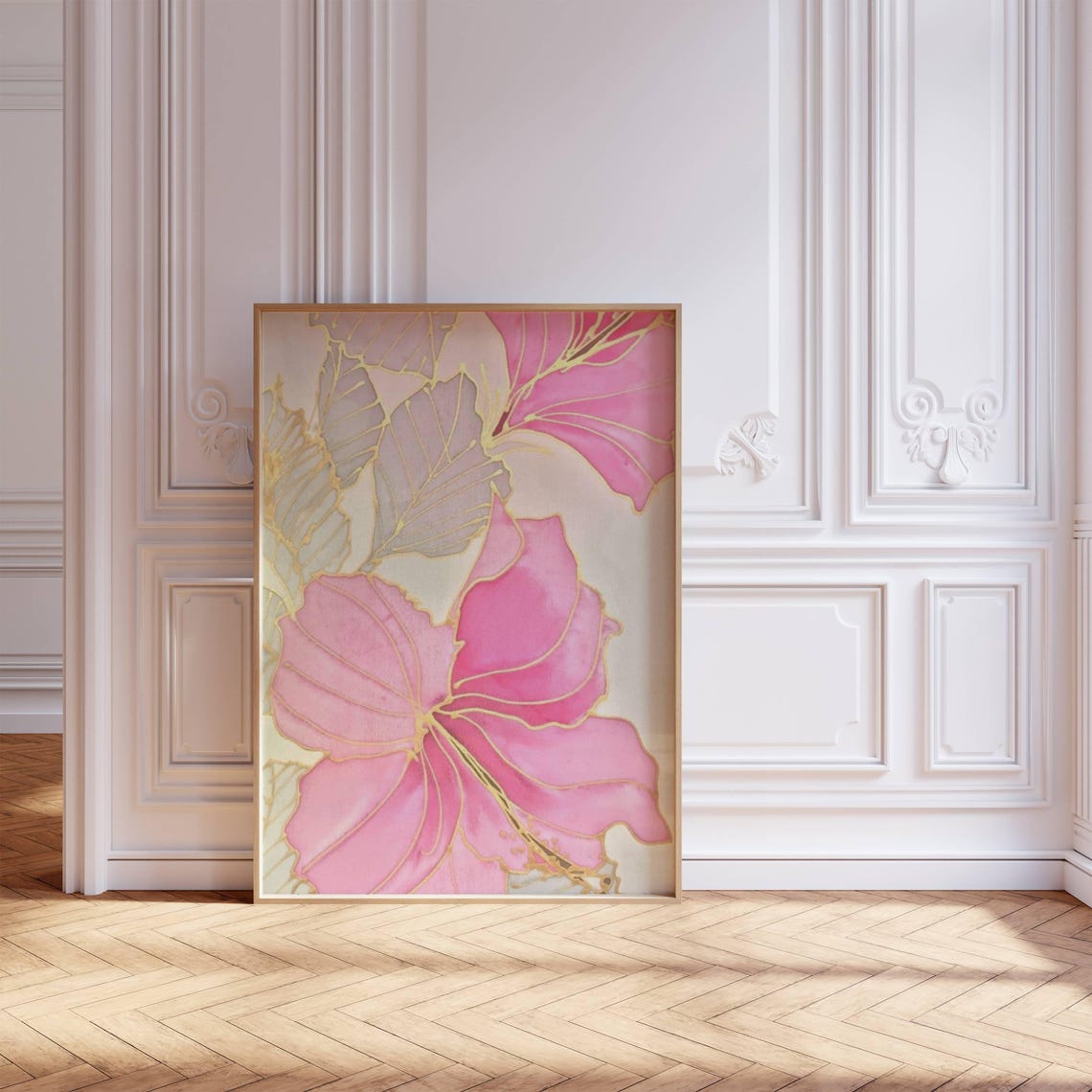 Pink Hibiscus Gold Outline Elegant Blooms Preppy Floral Wall Art - Image 3