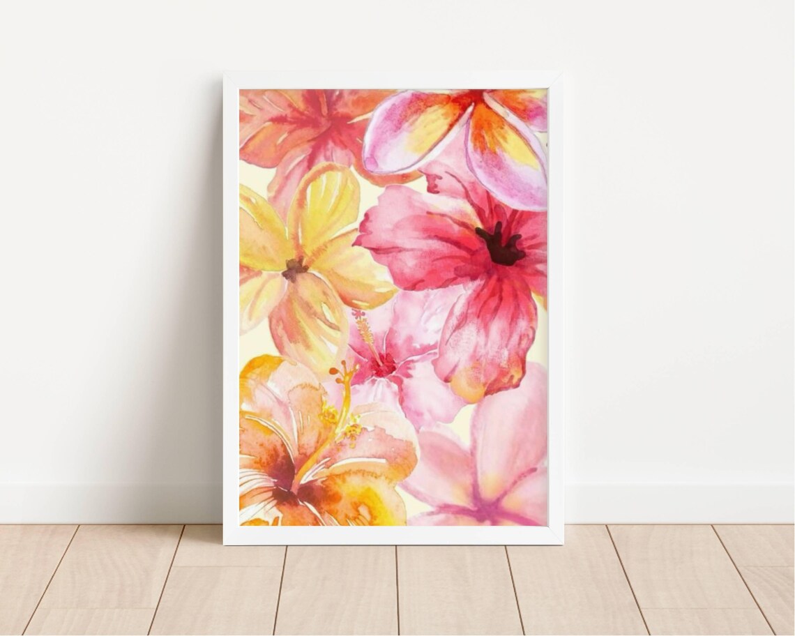 Pink Orange Hibiscus Close Up Watercolor Blooms Tropical Wall Art - Image 2