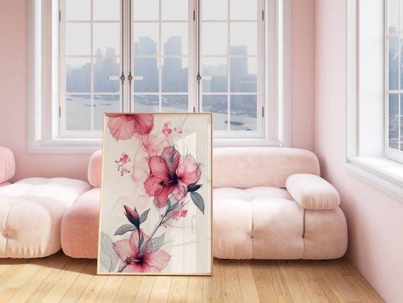 Hibiscus Flower Hawaiian Art Print Decor Wall Art Retro Art Print Preppy Room Decor Pink Hibiscus Flower Hawaiian Poster