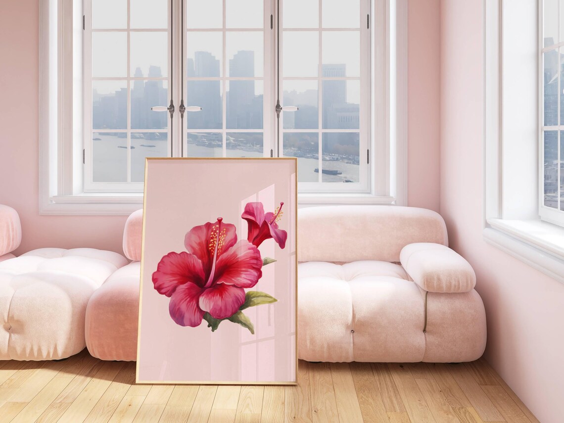 Red Hibiscus Bloom Watercolor Soft Pink Background Tropical Print - Image 3