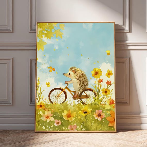 Hedgehog On Bicycle Print Whimsical Nursery Art
