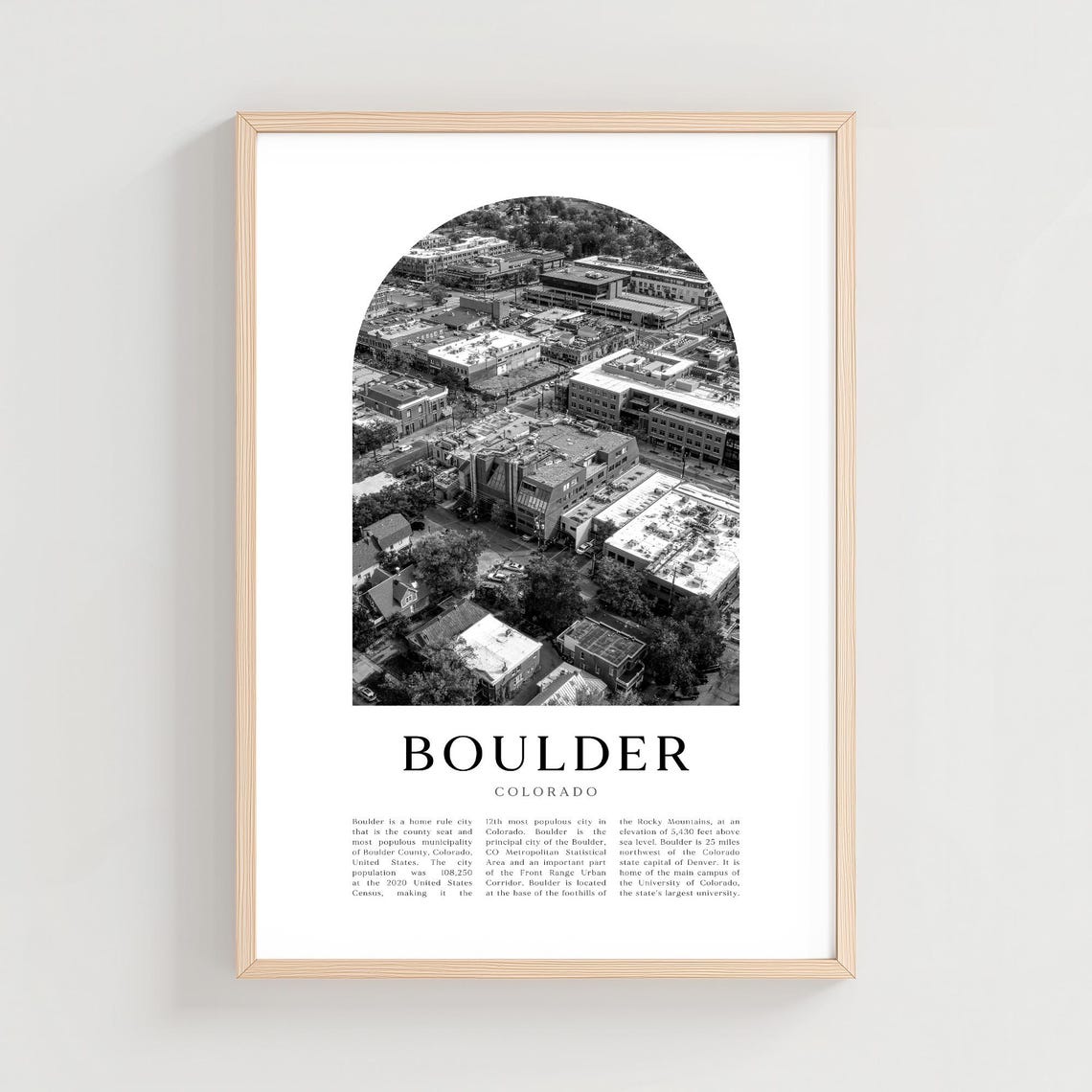 Boulder Colorado Downtown Aerial View Arch Black and White Poster
