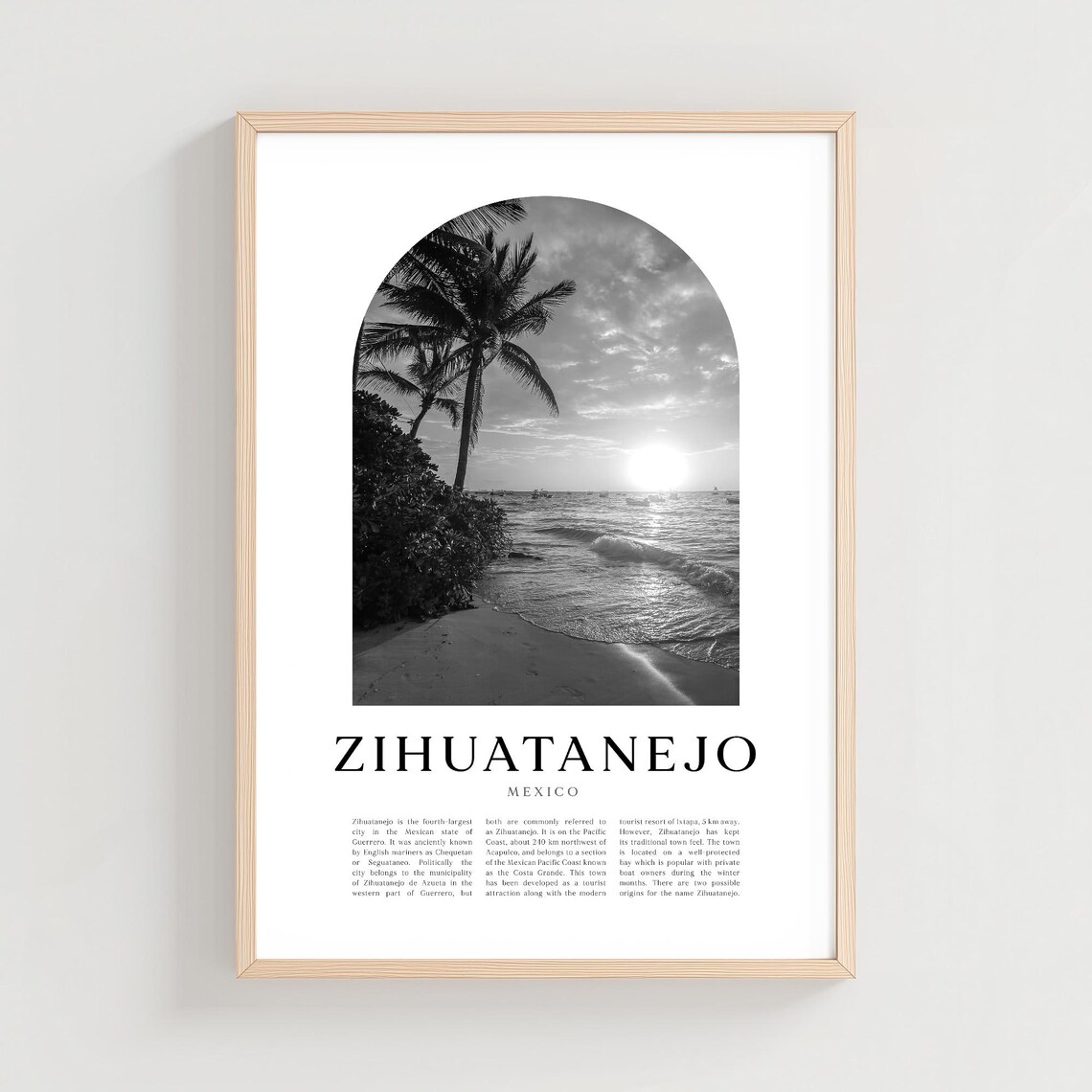 Zihuatanejo Mexico Palm Beach Sunrise Black and White Travel Poster