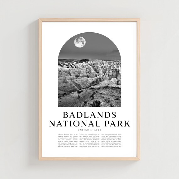 Badlands National Park Full Moon Eroded Buttes Black White Travel Poster