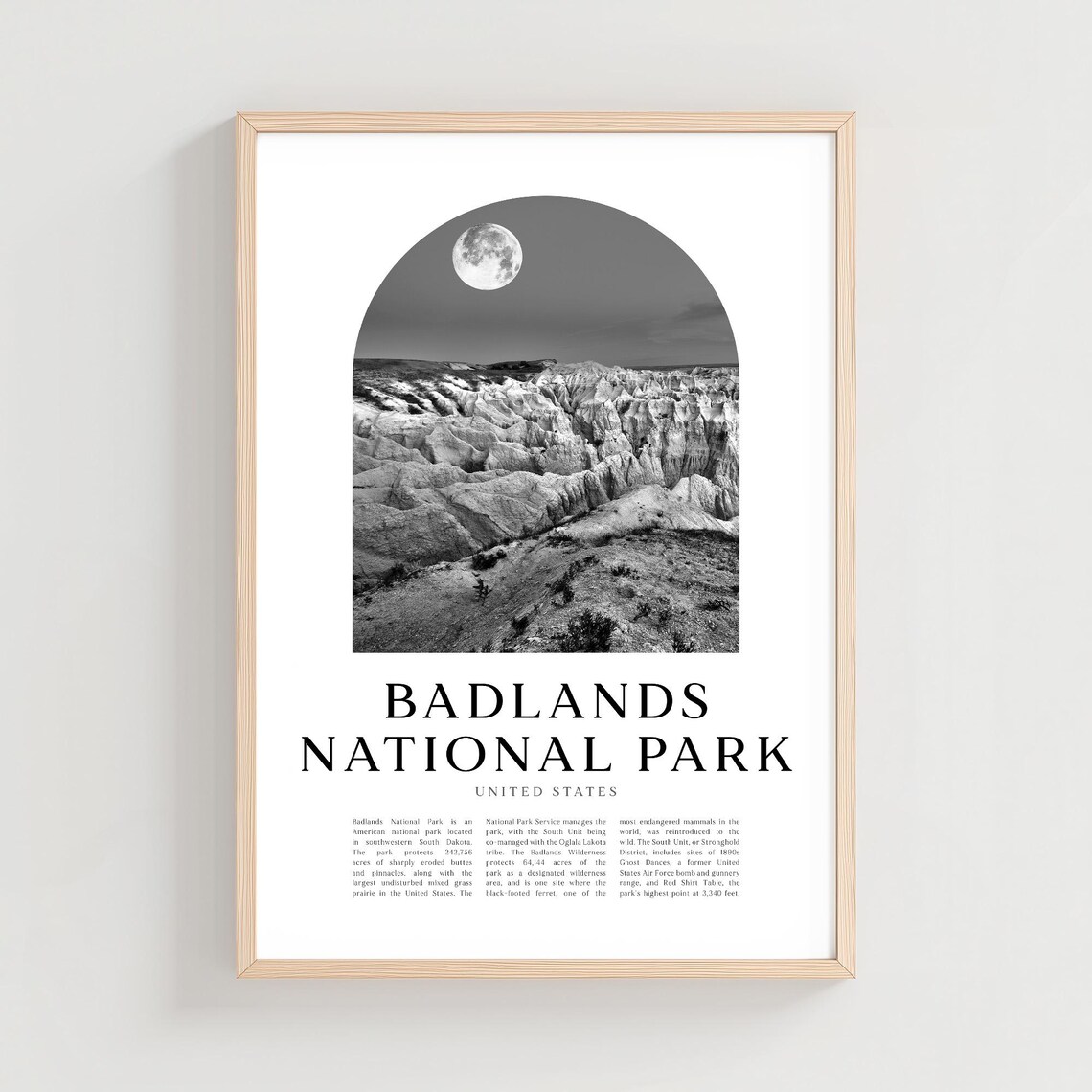 Badlands National Park Full Moon Eroded Buttes Black White Travel Poster