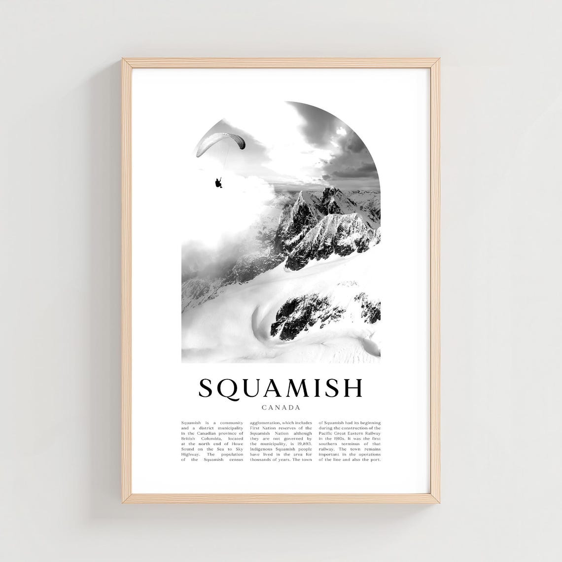 Squamish Canada Black and White Paraglider Mountain Photo Poster