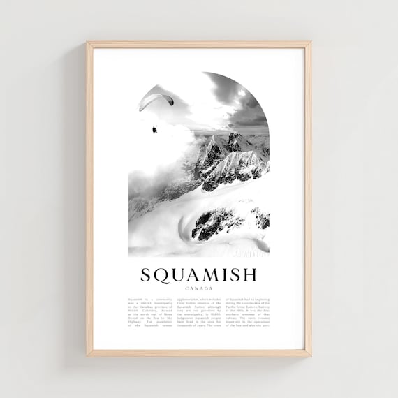 Squamish Canada Black and White Paraglider Mountain Photo Poster