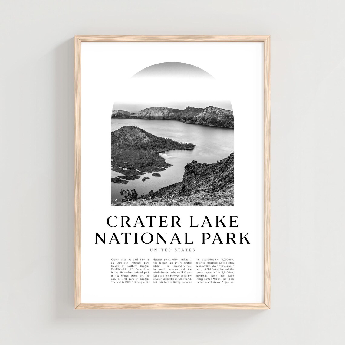 Crater Lake National Park Volcanic Lake Caldera Black White Travel Poster