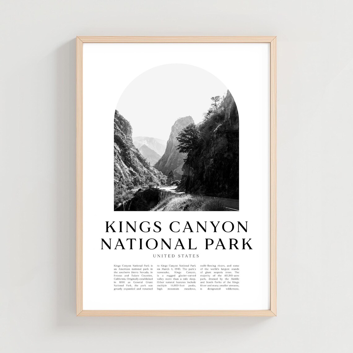 Kings Canyon National Park Black and White Canyon Cliff Travel Poster