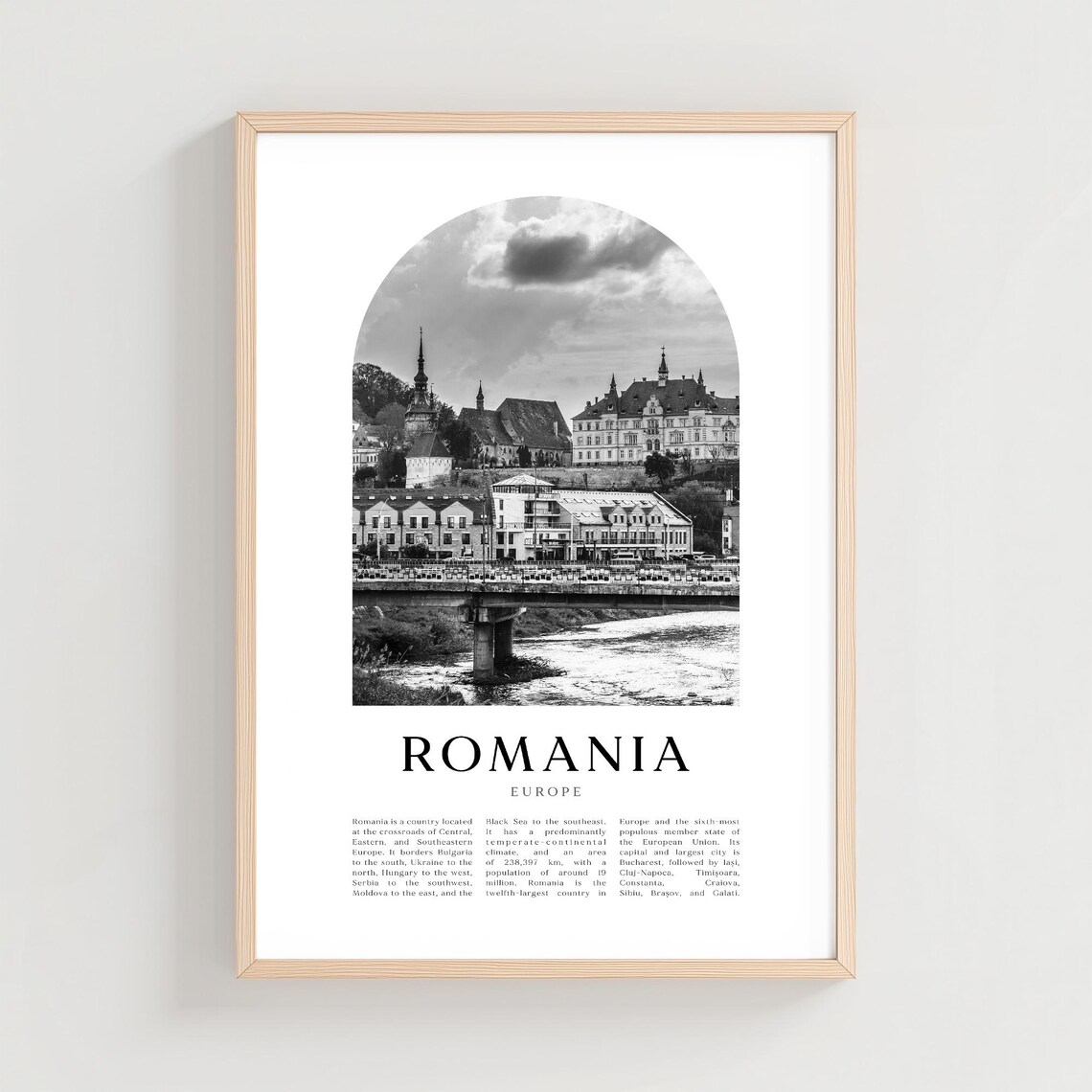 Romania Riverside Old Town Church Spires Black and White Europe Poster