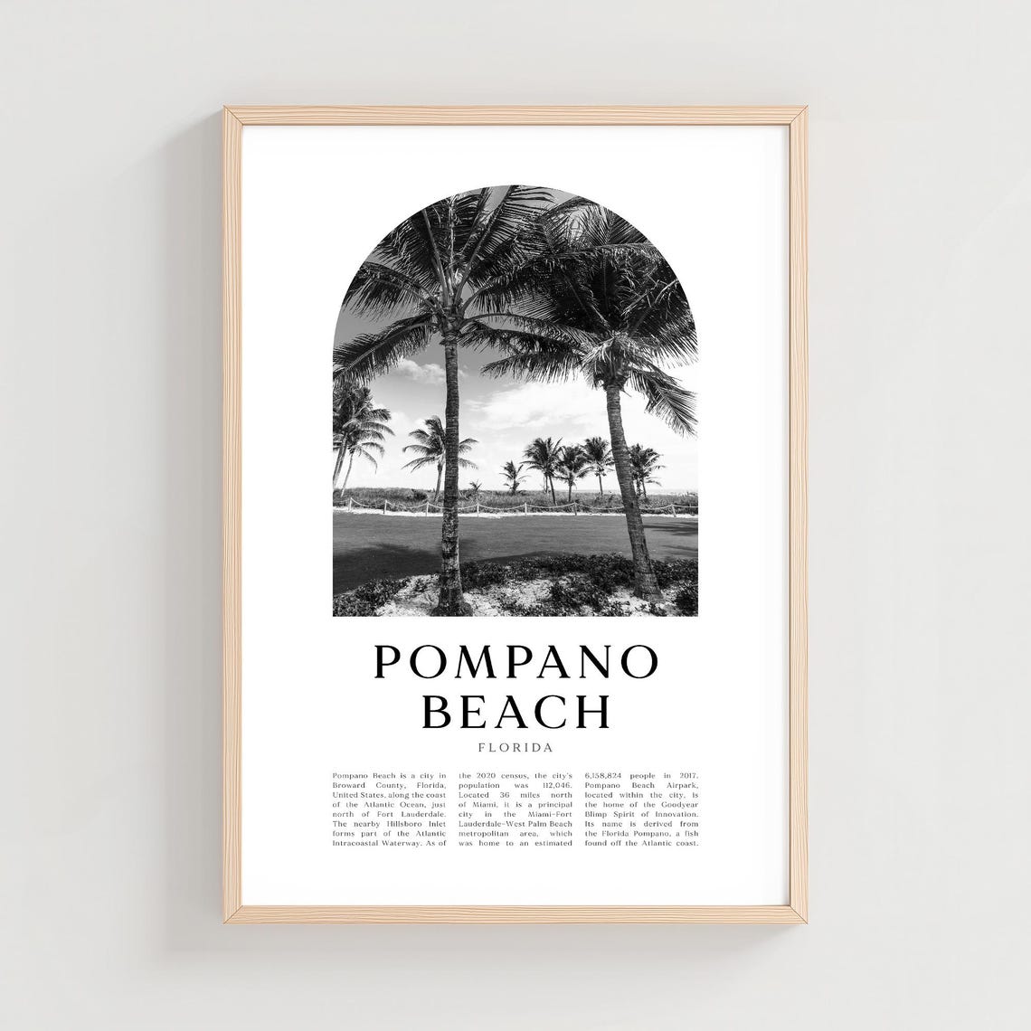 Pompano Beach Florida Palm Trees Beach Arch Black and White Poster