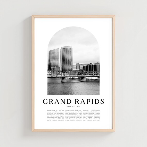Grand Rapids Michigan Black and White Skyline Vintage Travel Poster