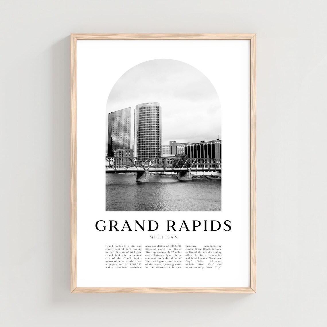 Grand Rapids Michigan Black and White Skyline Vintage Travel Poster