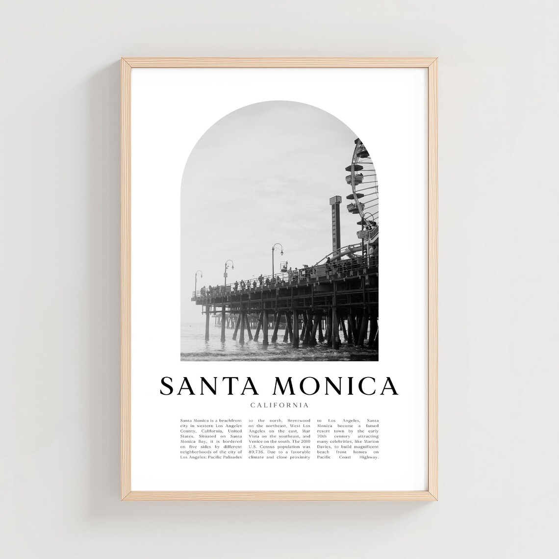 Santa Monica California Pier Black and White Photo Arch Wall Poster
