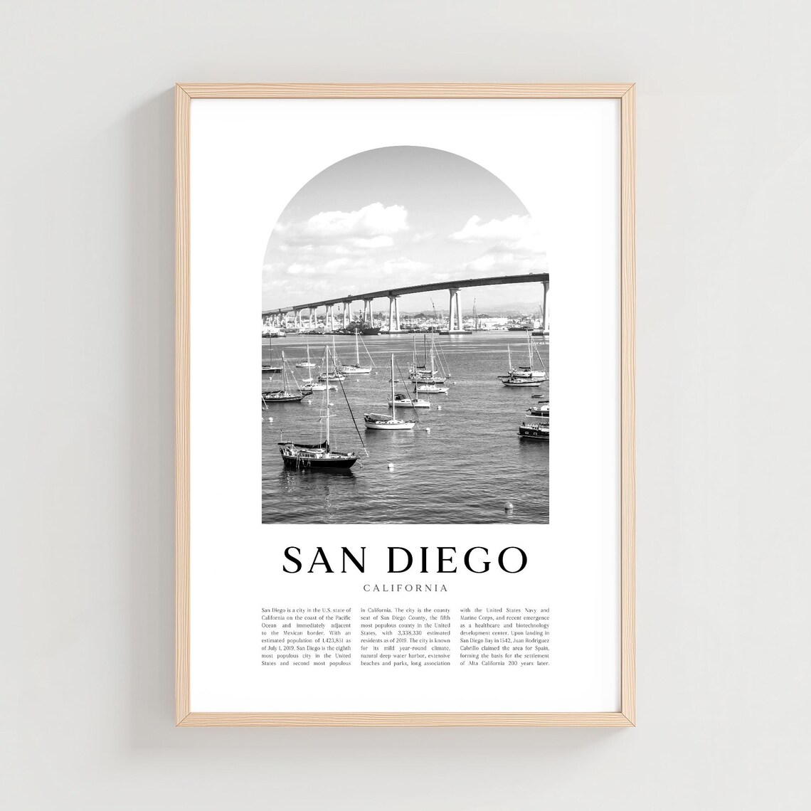 San Diego California Marina and Bridge Black and White Photo Poster