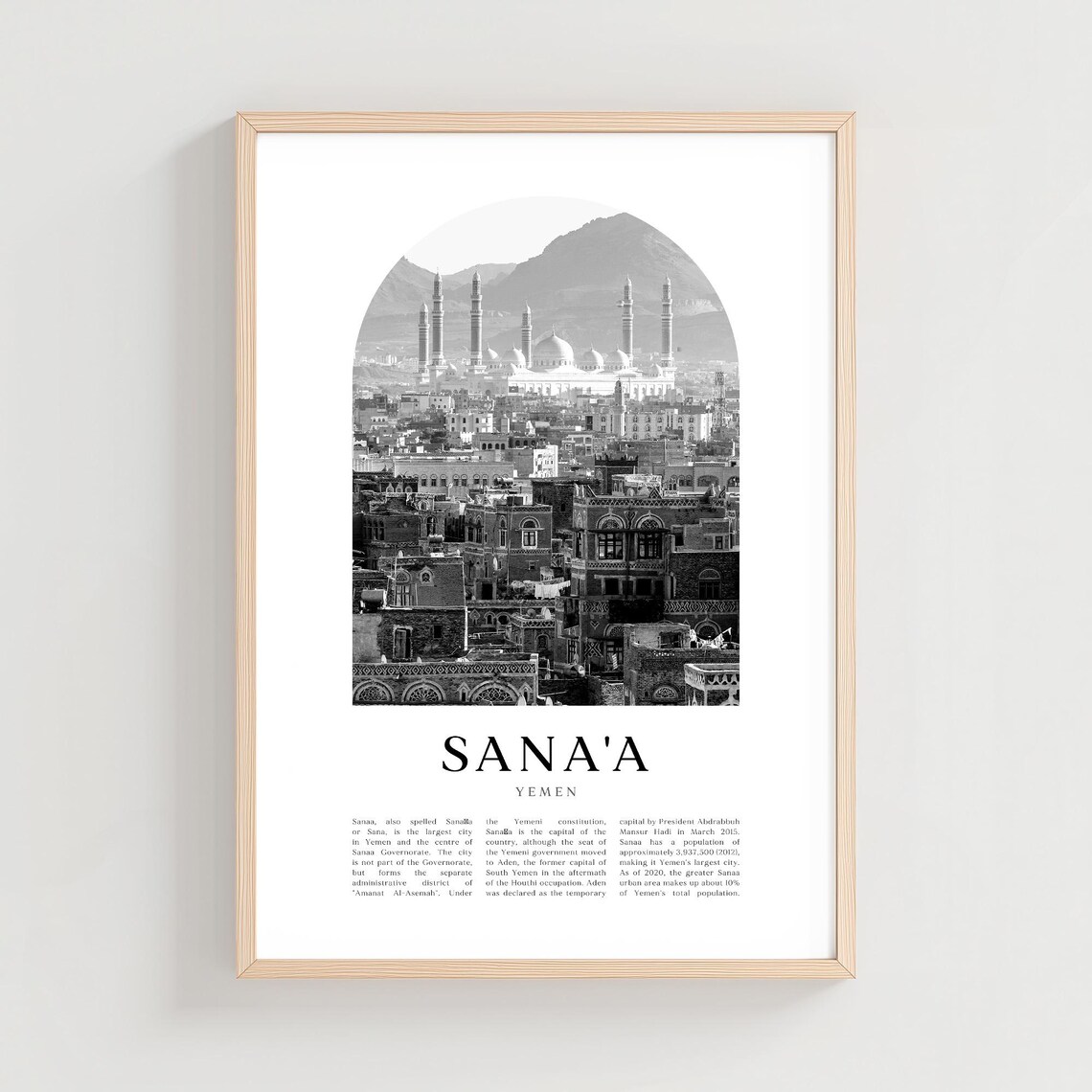 Sana'a Yemen Old City Minarets Skyline Black and White Travel Poster