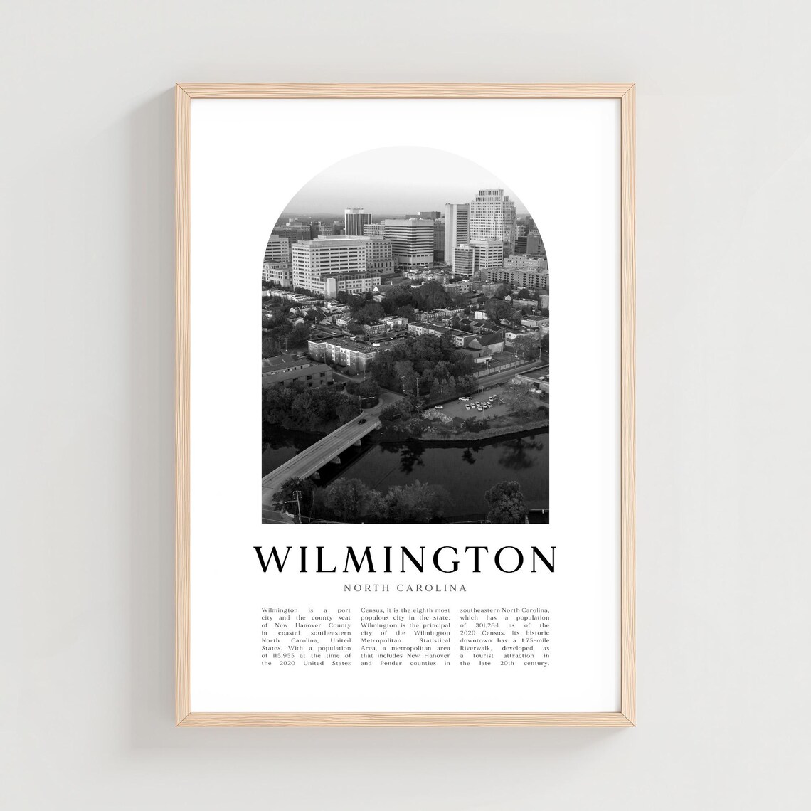 Wilmington North Carolina Black and White Aerial City Travel Poster