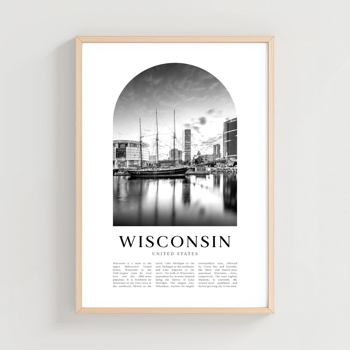 Wisconsin United States Lakefront Tall Ship Arch Black White Photo Poster