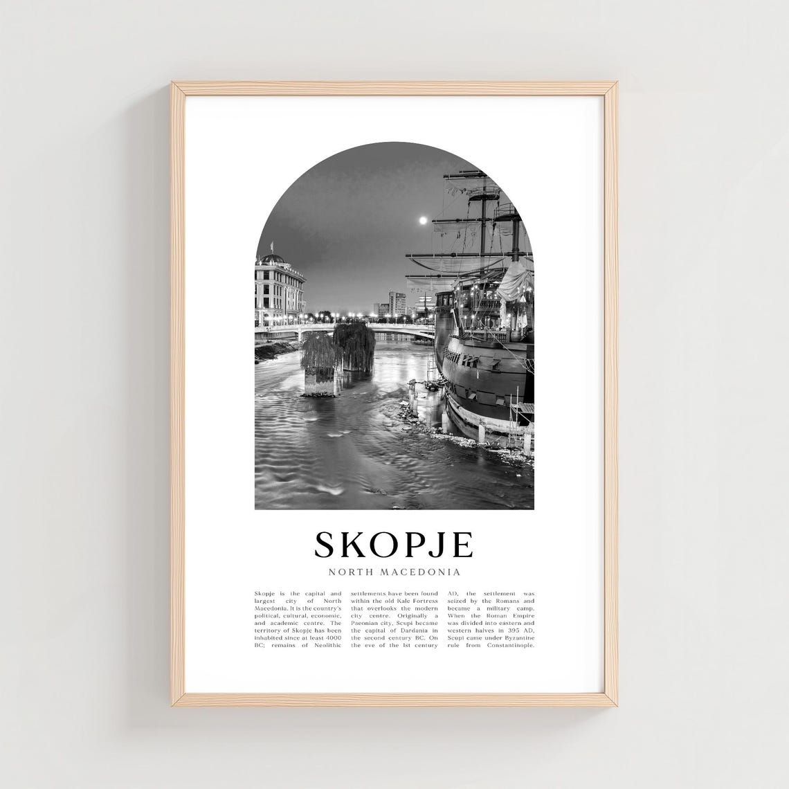 Skopje North Macedonia Black and White Night River City Poster