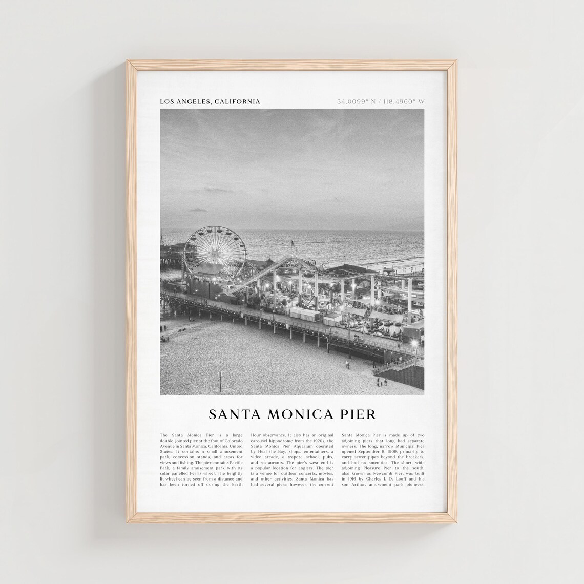 Santa Monica Pier Los Angeles Vintage Boardwalk Black White Poster