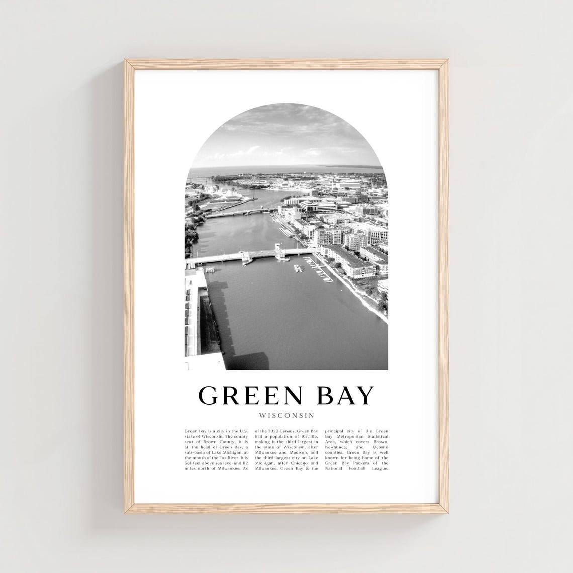 Green Bay Wisconsin River Harbor Aerial Arch Black and White Poster