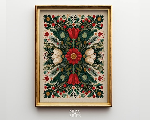 Folk Botanical Yuletide Bloom Scandinavian Christmas Symmetrical Poster