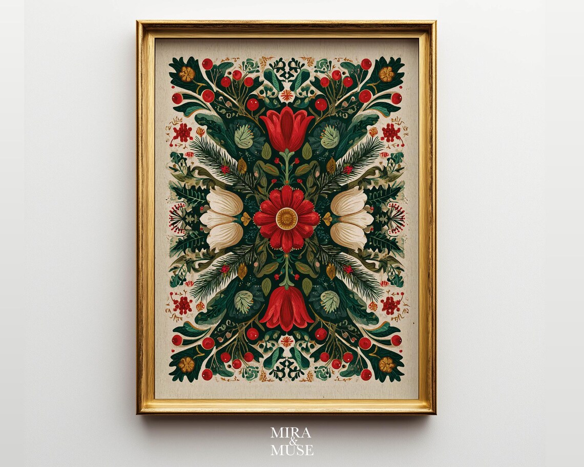 Folk Botanical Poster Yuletide Bloom Wall Art Scandinavian Floral Design