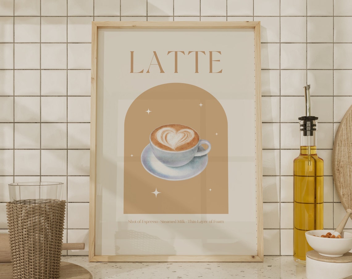 Latte Coffee Recipe Heart Latte Art Beige Kitchen Wall Poster - Image 3